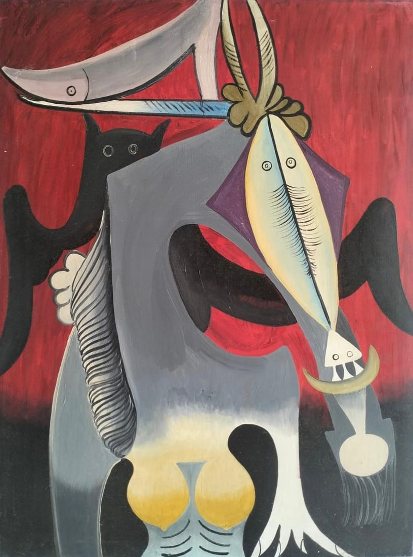 Wifredo Lam Cuban Oil on Canvas Painting in the style of. Lam & Dali Surreali sm: Title: FEMME CHEVAL Technique: Oil on canvas Measures: 32 × 24 inches (81.3 × 61 cm) Year: Circa mid-20th century Condition: The artwork is in good condition. The surface appears stable, with minor