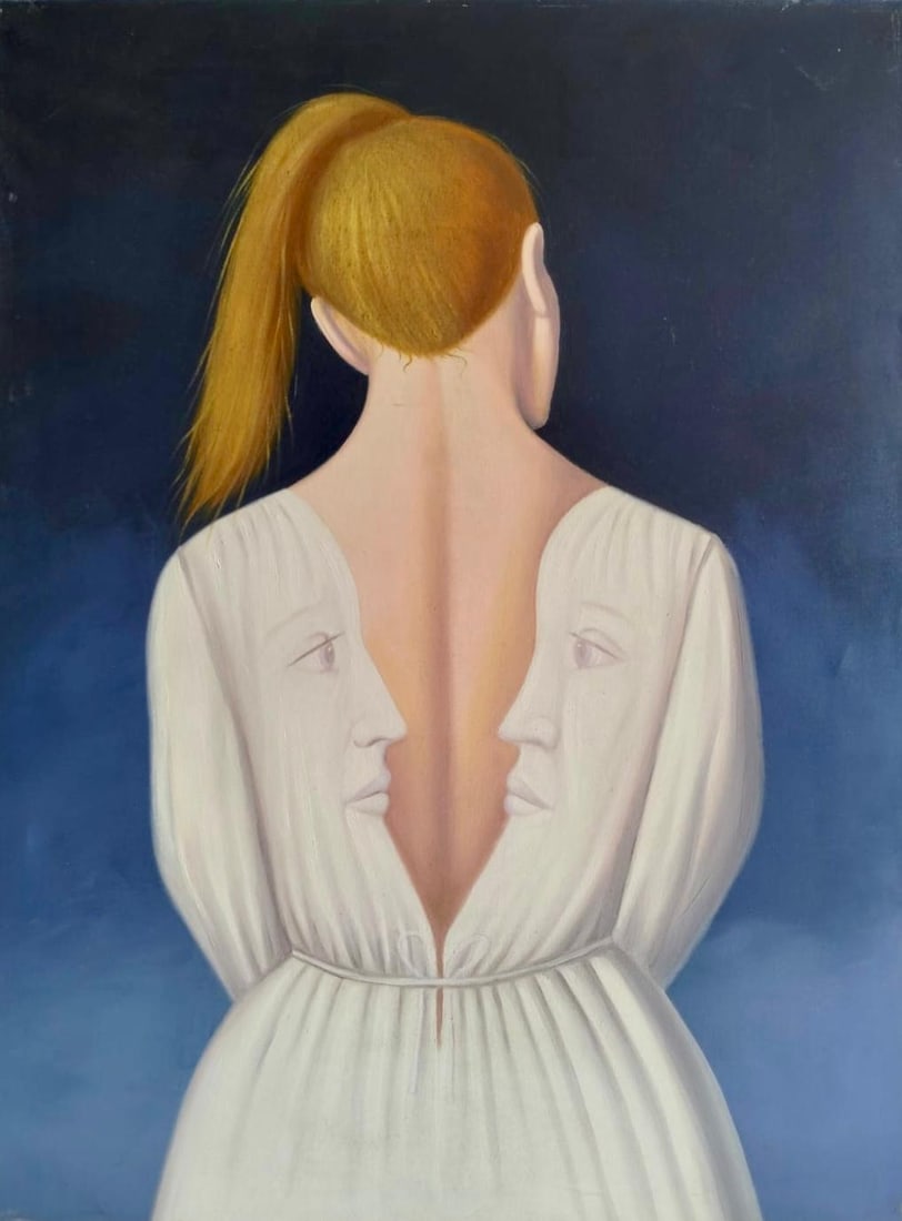 Rene Magritte Belgian 1898 - 1967 Oil on Canvas Painting in The Style of. Dali, Picasso Era: Title: The Lovers Technique: Oil on canvas Measures: 31 × 23 inches (78.7 × 58.4 cm) Year: 1948 Condition: The artwork is in good condition. The paint surface appears stable, with light, age-consist