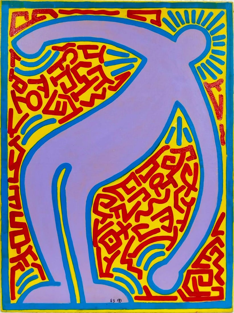 Keith Haring American 1958 - 1990 Acrylic/Canvas In The Style of. Warhol & Haring Pop Art Period.: Title: Untitled (Radiant Figure) Technique: Acrylic on Canvas Measures: 31 × 23 inches 79 × 58 cm Year: Circa 1983 Condition:Good — the surface is well preserved with stable acrylic application an