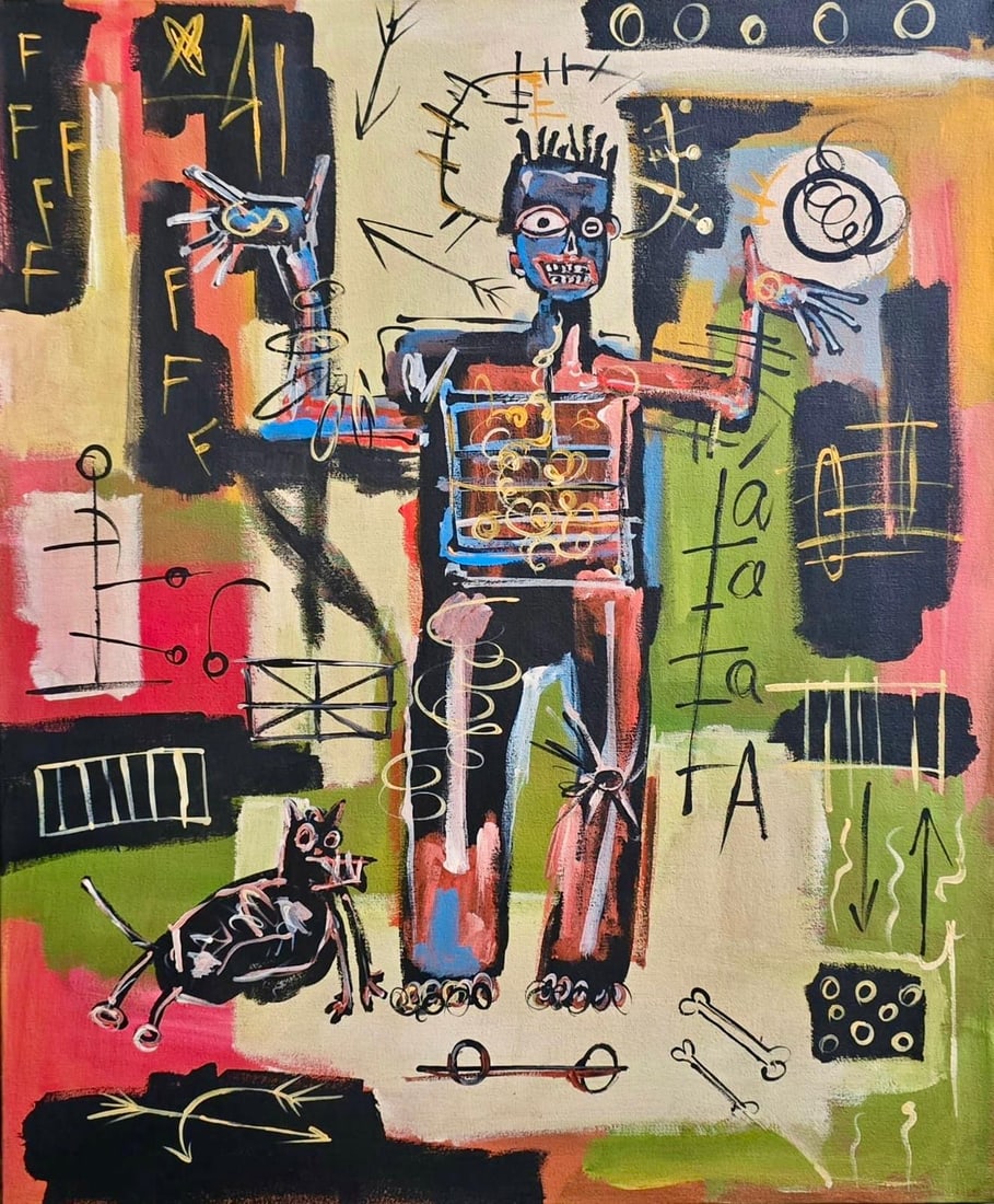 Jean Michel Basquiat 1960-1988 Acrylic/Canvas In The Style of. Haring,Warhol,Basquiat Era.: Title: Untitled (Anatomical Figure with Symbols) Technique: Acrylic on Canvas Measures:24 × 20 inches 61 × 51 cm Year: Circa 1983 Condition:Good — the surface is stable with visible brushwork, lay