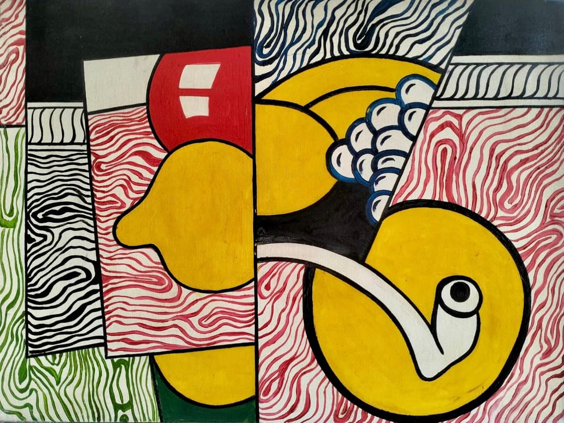 Roy Lichtenstein American 1923-1997 Oil on Canvas Painting in the Style of. Pop Art Era: Title: Still Life with Pipe Technique: Oil on Canvas Measures: 24 × 32 inches (61 × 81.3 cm) Year: 1994 Condition:m Good — the surface appears stable, with no visible tears or structural damage. M