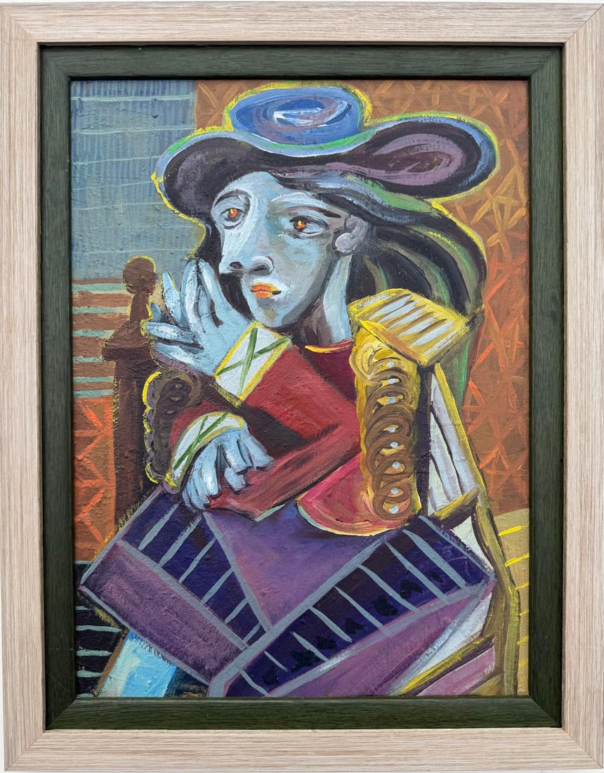 Pablo Picasso Spanish 1881-1973 Oil on Canvas Painting in the Style of Picasso. Magritte & Chagall: Title: Seated Figure with Hat Technique: Oil on Canvas Measures: 16 × 12 inches(40.6 × 30.5 cm) Year: Circa late 1960s Condition: Good — the paint surface is stable and well preserved, with visibl