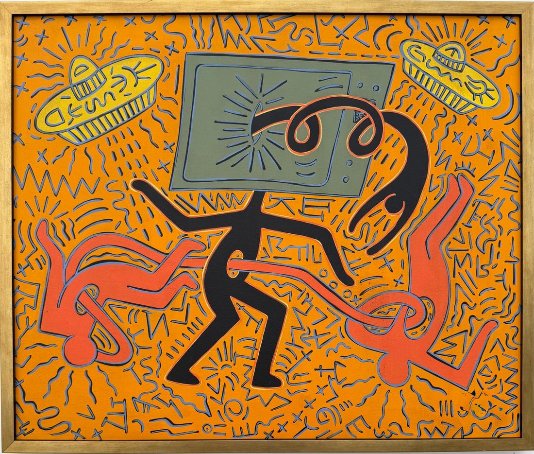Keith Haring American 1958 - 1990 Acrylic/Masonite In The Style of. Warhol & Haring Pop Art Period.: Title: Untitled (Electronic Head with Radiant Figures) Technique: Acrylic on Canvas Measures: 20 × 24 inches 51 × 61 cm Year: Circa 1986 Condition:Good — the painted surface is stable with clean g