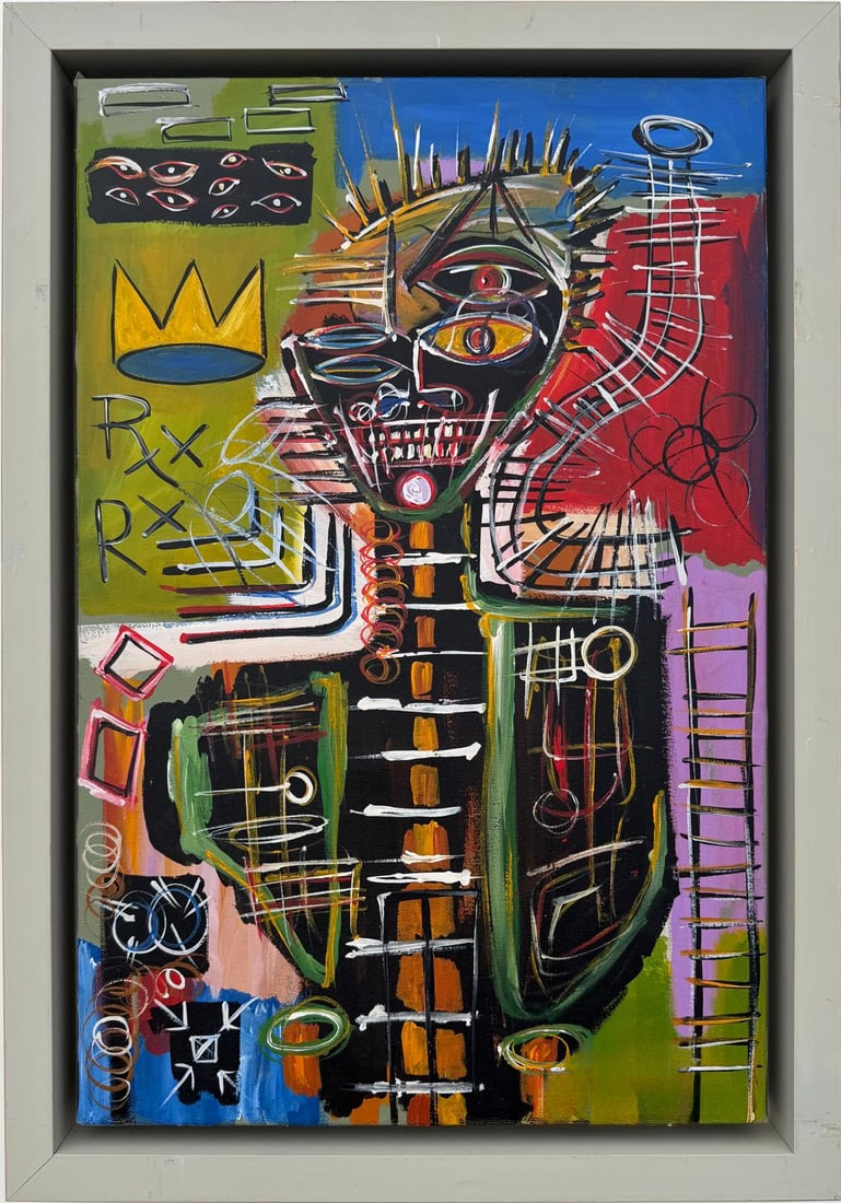 Jean Michel Basquiat 1960-1988 Mixed Media/Canvas In The Style of. Haring,Warhol,Basquiat Era.: Title: Untitled (Crowned Figure with Symbolic Anatomy) Technique: Mixed Technique on Canvas Measures:24 × 16 inches 61 × 41 cm Year: Circa 1984 Condition:Good — the surface remains stable with vis