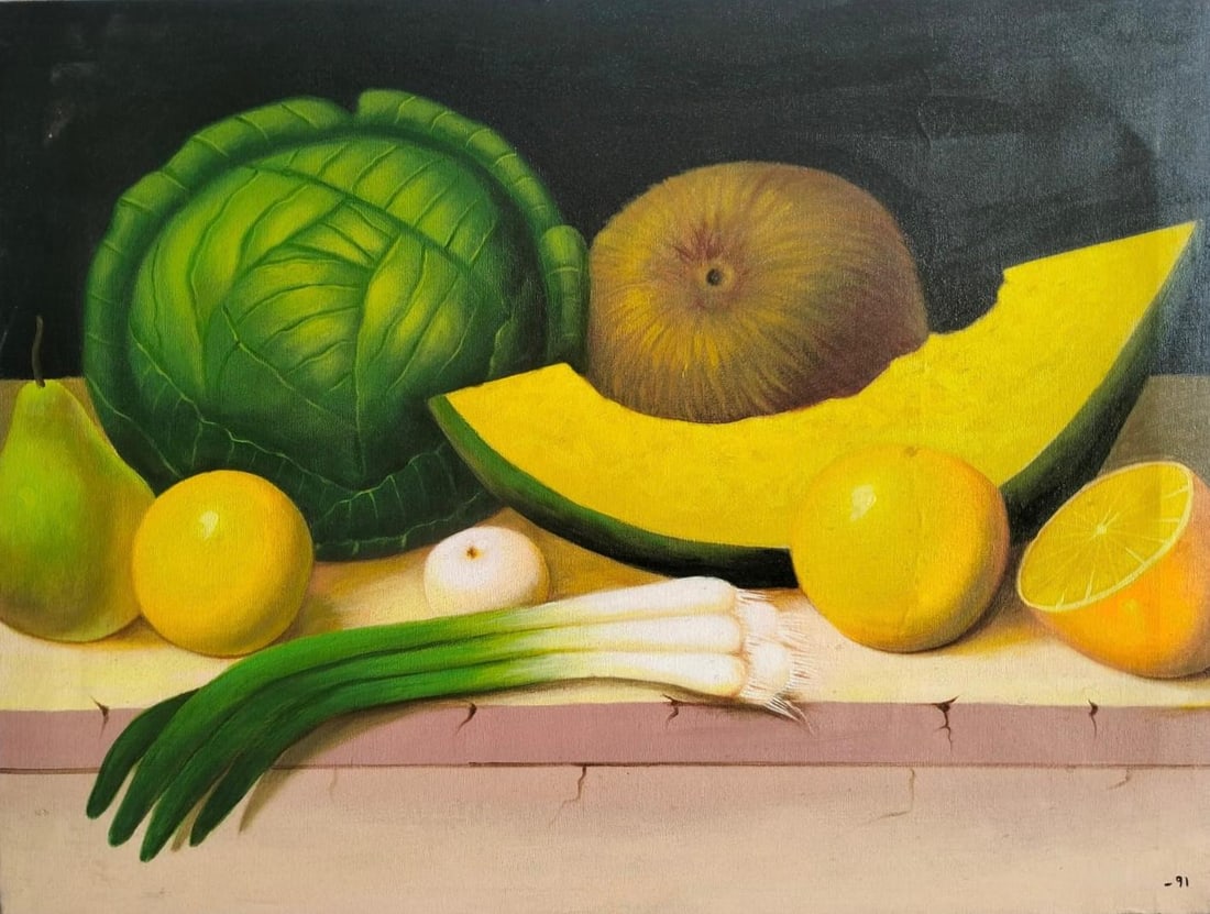 Fernando Botero Colombian Oil/Canvas Painting in the Style of. Latin American Art: Title: Still Life with Melon and Green Cabbage Technique: Oil on canvas Measures: 23 × 31 inches (58.4 × 78.7 cm) Year: Circa 1980 Condition: Good — the surface appears stable, with minor