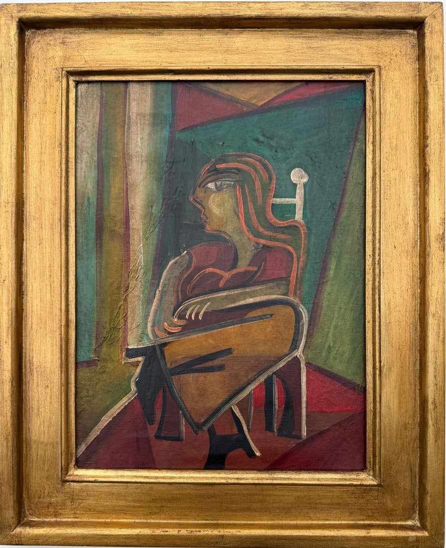 Pablo Picasso Spanish 1881-1973 Oil on Canvas Painting in the Style of Picasso. Magritte & Chagall: Title: Seated Figure with Folded Arms Technique: Oil on Canvas Measures: 16 × 12 inches (40.6 × 30.5 cm) Year: Circa mid-1950s Condition: Good overall condition. The paint surface appears stable,