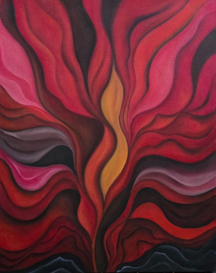 Georgia O'Keeffe American Oil On Canvas Painting in the style of. Pollock & O'Keeffe. Abstract Era: Title: Red Abstraction with Central Flame Form Technique: Oil on canvas Measures: 20 × 17 inches (50.8 × 43.2 cm) Year: Circa 1945 Condition: Good — the surface appears well preserved, with