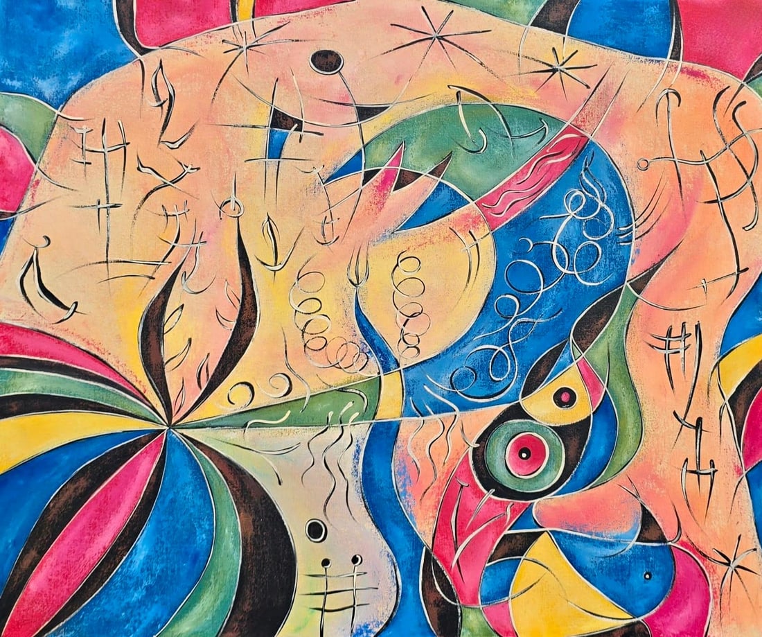 Joan Miro Spanish 1893 - 1983 Oil on Canvas in the style of. Dali, Magritte, & Miro Surrealism Era.: Title: Untitled Abstract Composition Technique: Oil on Canvas Measures: 20 × 24 inches (50.8 × 61 cm) Year: Circa 1950s Condition: Good condition. The paint surface appears stable, with light,