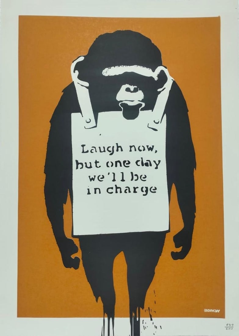 Banksy Limited Edition Print (AP239/600), “Laugh Now" In the Style of. Banksy & Basquiat: Title: Laugh Now Technique: Screenprint in colors on wove paper Measures: Image: 25.9 × 16.5 inches (65.8 × 42 cm) Sheet: 27.4 × 19.5 inches (69.5 × 49.5 cm) Year: Circa 2003–2004 Condition: Goo