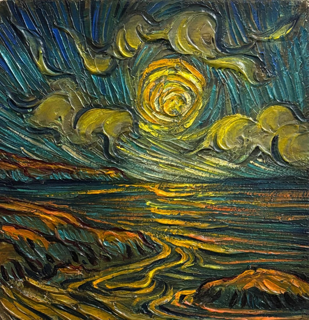 Vincent Van Gogh Dutch 1853-1890 Oil on Canvas painting in the style of. Gaugin, Monet, Degas Period: Title: Zeegezicht Technique: Oil on Canvas Measures: 8.5 × 8.5 inches (21.6 × 21.6 cm) Year: Circa 1889 Condition: Good — the paint surface is stable, with pronounced impasto and visible