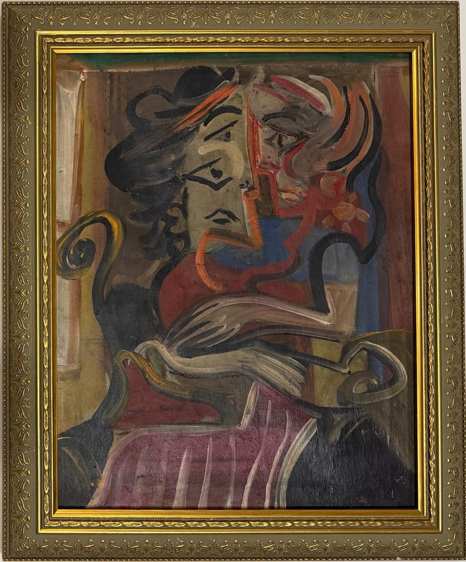 Pablo Picasso Spanish 1881-1973 Oil on Canvas Painting in the Style of Picasso. Magritte & Chagall: Title: Seated Figure with Dual Profile Technique: Oil on Canvas Measures: 18 × 14 inches (45.7 × 35.6 cm) Year: Circa late 1940s Condition: Good — the painting presents a stable pictorial surface