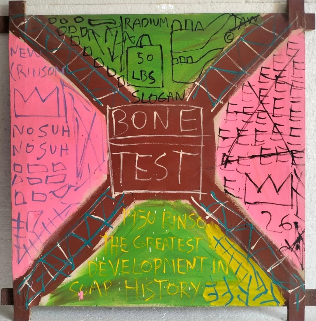 Jean Michel Basquiat 1960-1988 Acrylic/Canvas In The Style of. Haring,Warhol,Basquiat Era.: Title: Untitled (Bone Test) Technique: Acrylic on Canvas Measures: 32 × 32 inches 81 × 81 cm Year: Circa 1985 Condition:Good — the painted surface remains stable with visible layering, gestural br