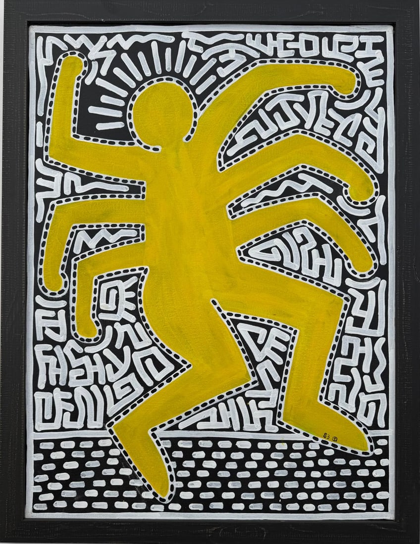 Keith Haring American 1958 - 1990 Oil on Canvas In The Style of. Warhol & Haring Pop Art Period.: Title: Untitled (Radiant Yellow Figure) Technique: Oil on Canvas Measures: 31 × 24 inches 79 × 61 cm Year: 1983 Condition:Good — the surface is well preserved with stable acrylic application and c