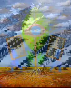 Rene Magritte Belgian 1898 - 1967 Oil on Canvas Painting in The Style of. Dali, Picasso Era