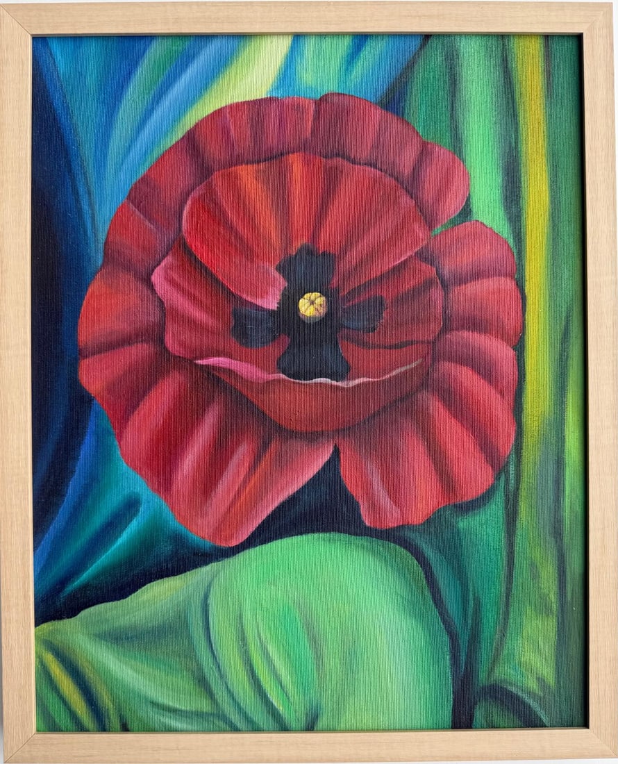 Georgia O'Keeffe American Oil On Canvas Painting in the style of. Pollock & O'Keeffe. Abstract Era: Title: Red BlossomTechnique: Oil on CanvasMeasures: 20 × 16 inches (approximately 50.8 × 40.6 cm)Year: Circa mid–20th centuryCondition:Good — the paint surface appears stable and well preserved,