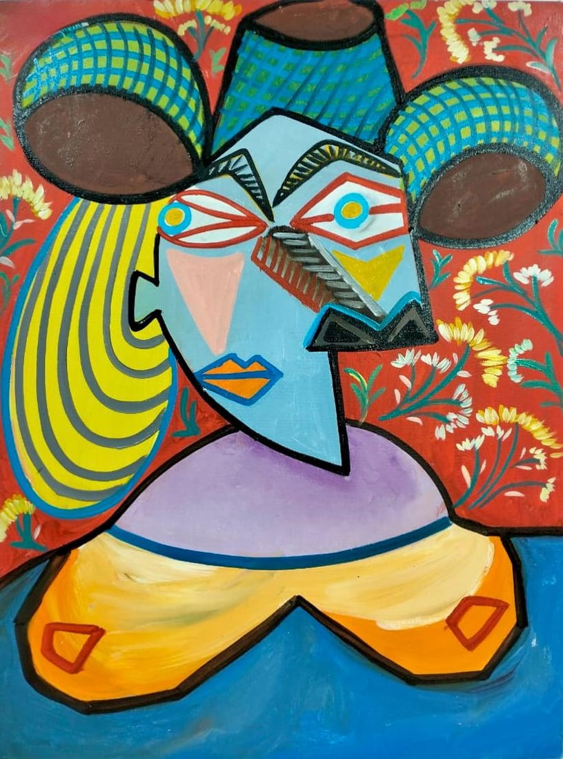 Pablo Picasso Spanish 1881-1973 Oil on Canvas Painting in the Style of Picasso. Magritte & Chagall: Title: Stylized Bust of a WomanTechnique: Oil on CanvasMeasures: 31 × 23 inches (approximately 78.7 × 58.4 cm)Year: Circa mid–20th centuryCondition:Good — the canvas appears structurally sound,