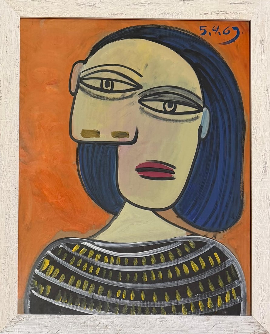 Pablo Picasso Spanish 1881-1973 Oil/Corrugated CardBoard Style of Picasso. Magritte & Chagall Era: Title: Buste de femmeTechnique: Oil on Canvas BoardMeasures: 28 × 22 inches (approximately 71.1 × 55.9 cm)Year: 1969Condition:Good — the surface appears stable, with minor surface wear and light c