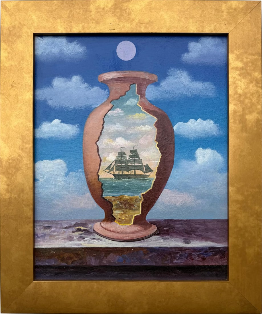 Rene Magritte Belgian 1898 - 1967 Oil on Canvas Painting in The Style of. Dali, Picasso Era: Title: The Silent VoyageTechnique: Oil on CanvasMeasures: 20 × 16 inches (approximately 50.8 × 40.6 cm)Year: Circa late 20th centuryCondition:Good — the surface appears stable and well preserved,