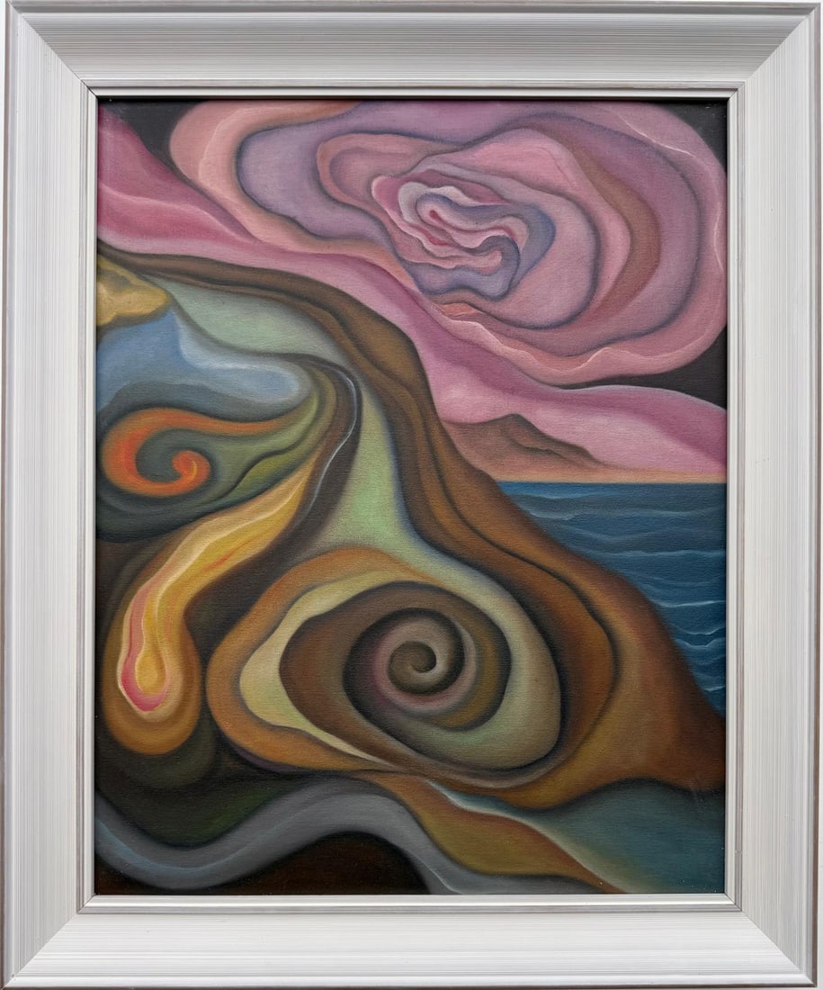 Georgia O'Keeffe American Oil On Canvas Painting in the style of. Pollock & O'Keeffe. Abstract Era: Title: Abstract Landscape with Rose SkyTechnique: Oil on CanvasMeasures: 20 × 16 inches (approximately 50.8 × 40.6 cm)Year: Circa mid–20th centuryCondition:Good — the paint surface appears stabl