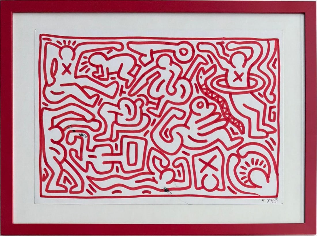 Keith Haring American 1958 - 1990 Felt Pen/Paper In The Style of. Warhol & Haring Pop Art Period.: Title: Untitled (Red Figure Composition)Technique: Felt-tip marker on paperMeasures: 13 × 19 inches (approximately 33 × 48 cm)Year: Circa 1989Condition:Good — the paper appears stable and well pre