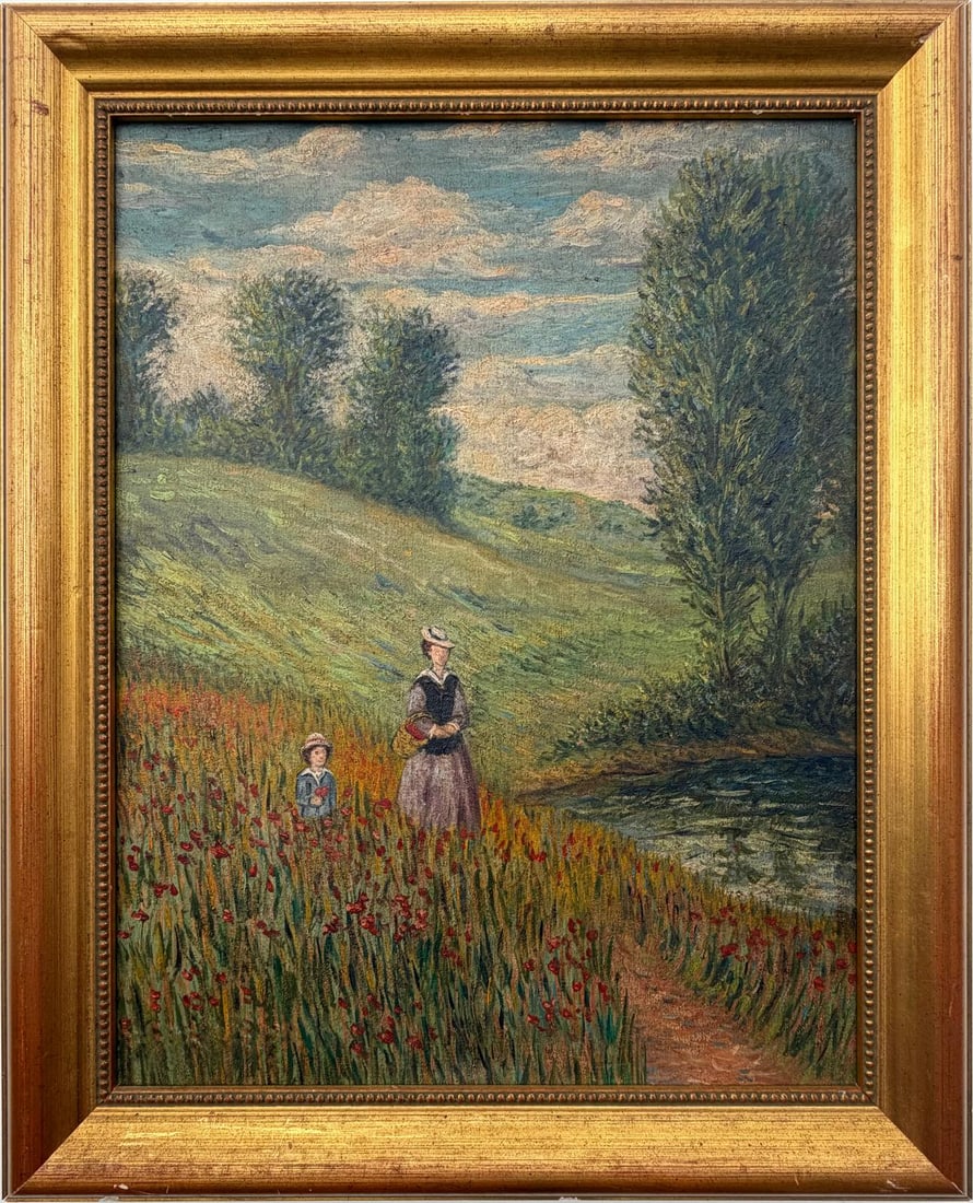 Claude Monet French 1840 - 1926 Oil on Canvas in the style of . Renoir & Manet Impressionist Era.: Title: Figures in a Meadow PathTechnique: Oil on CanvasMeasures: 21 × 16 inches (approximately 53.3 × 40.6 cm)Year: Circa late 19th to early 20th centuryCondition:Good — the canvas appears structu