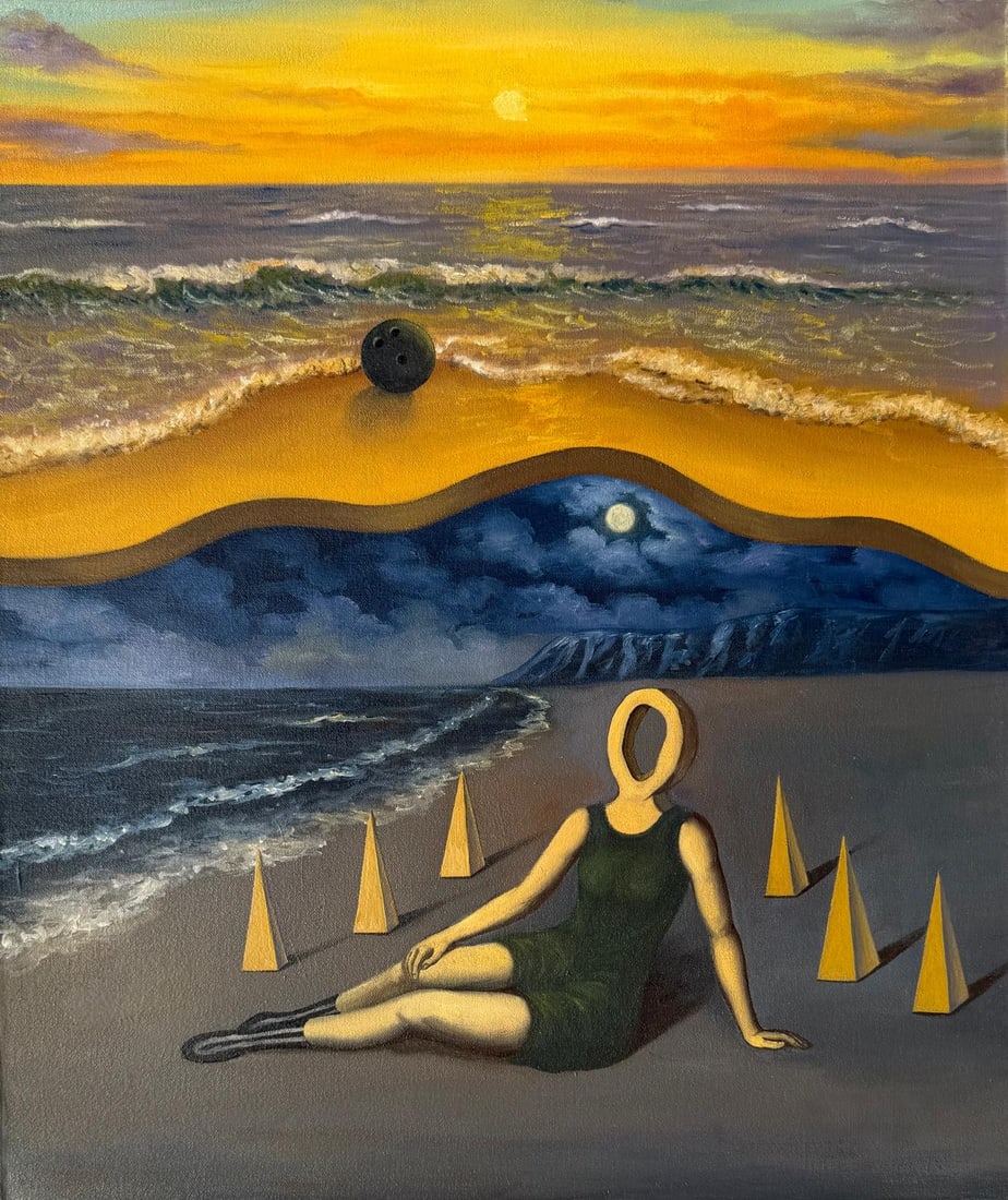 Rene Magritte Belgian 1898 - 1967 Oil on Canvas Painting in The Style of. Dali, Picasso Era: Title: Le Regard Technique: Oil on Canvas Measures: 19 × 15 inches (approximately 48.3 × 38.1 cm) Year: Circa late 20th century Condition:Good — the surface appears stable and well preserved, with