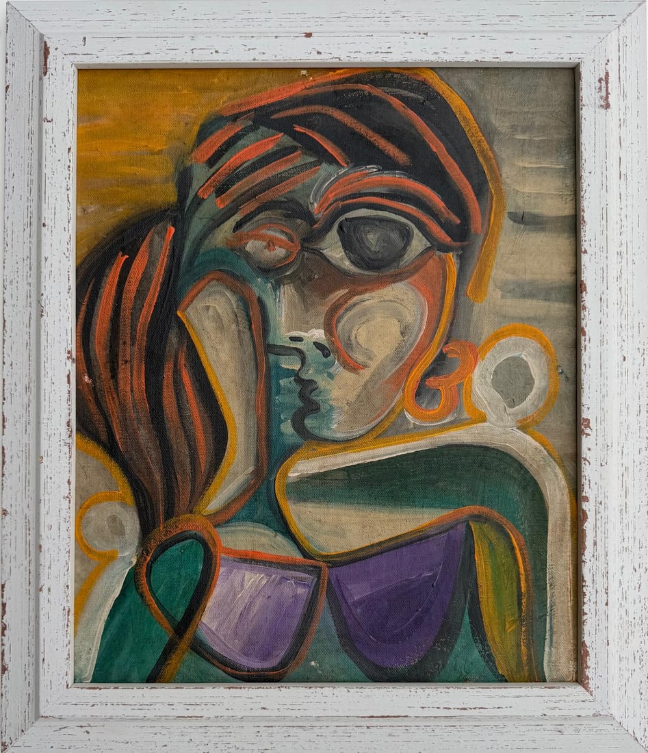 Pablo Picasso Spanish 1881-1973 Oil on Canvas Painting in the Style of Picasso. Magritte & Chagall: Title: Contemplative Figure Technique: Oil on canvas Measures: 16 × 13 inches (approximately 40.6 × 33 cm) Year: Circa mid–late 20th century Condition:Good. The canvas appears stable and well pres