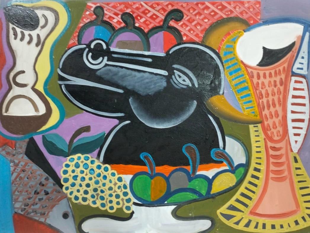 Pablo Picasso Spanish 1881-1973 Oil on Canvas painting Style of Picasso. Magritte & Chagall Era: Title:Abstract Still Life with Black Vessel and Fruit. Technique:Oil on canvas. Measures:23 × 31 inches (58.4 × 78.7 cm). Year:Circa mid–late 20th century. Condition:Good overall condition. The pa