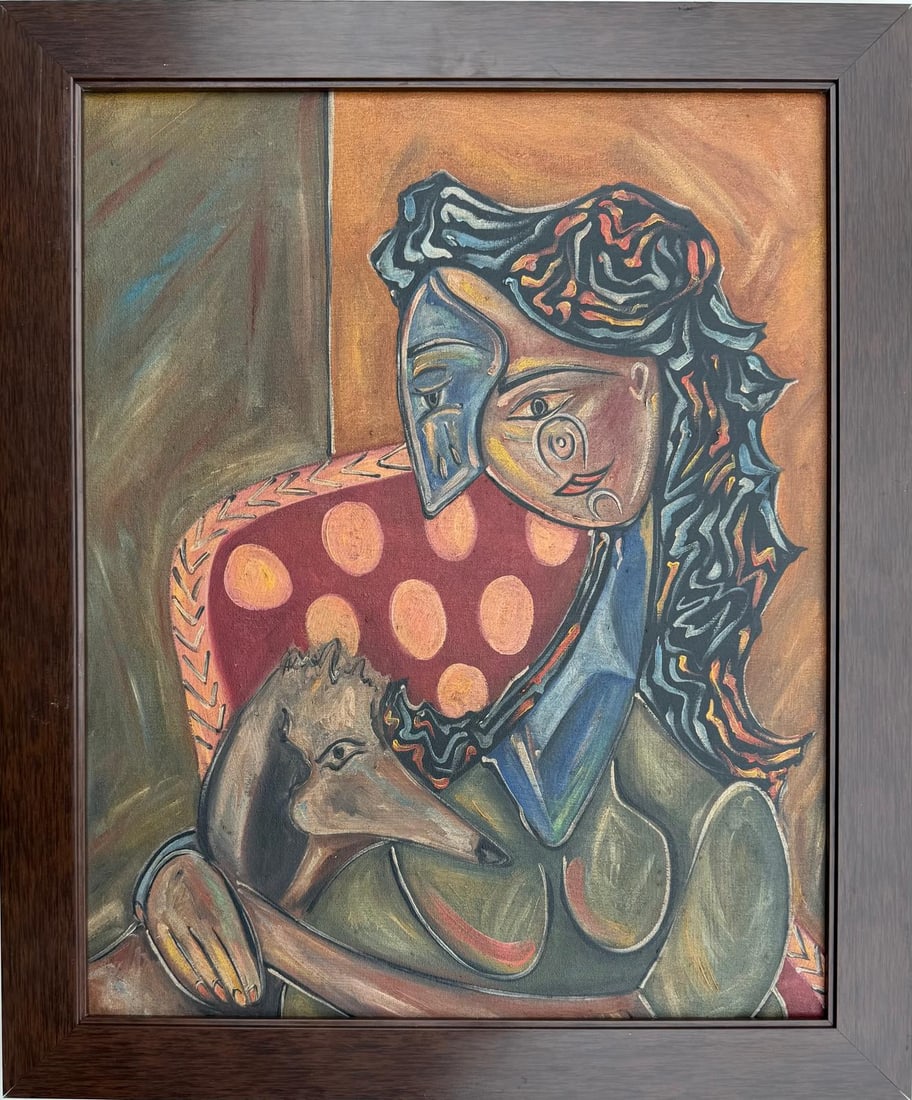 Pablo Picasso Spanish Oil on Canvas Painting in the Style of Picasso. Magritte & Chagall Era: Title: Embrace with Companion Technique: Oil on canvas Measures: 19 × 16 inches (approximately 48.3 × 40.6 cm) Year: Circa mid–late 20th century Condition:Good. The canvas appears stable and well