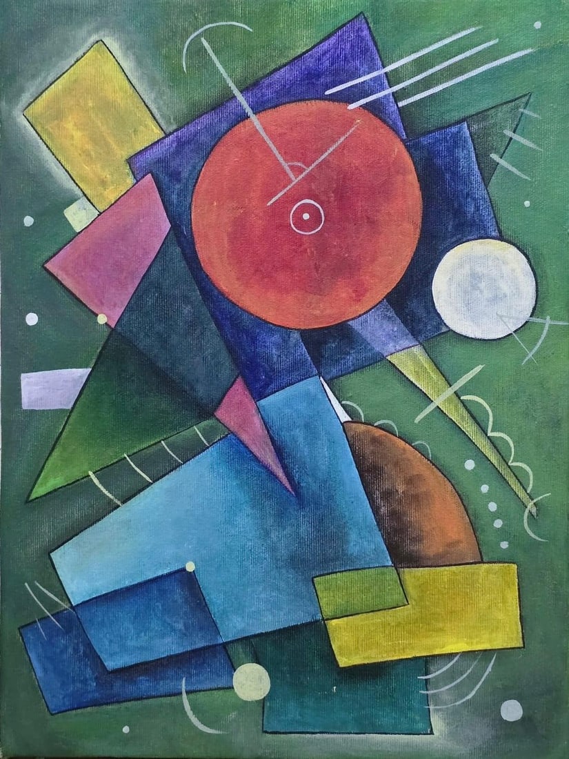 Wassily Kandinsky 1866 - 1944 Oil on Canvas Painting in the style of. Mondrian, Picasso Era: Title:Rhythmic Geometry on Green Ground. Technique:Oil on canvas. Measures:15 × 11 inches (approximately 38.1 × 27.9 cm). Year:Circa mid–late 20th century. Condition:Good overall condition. The