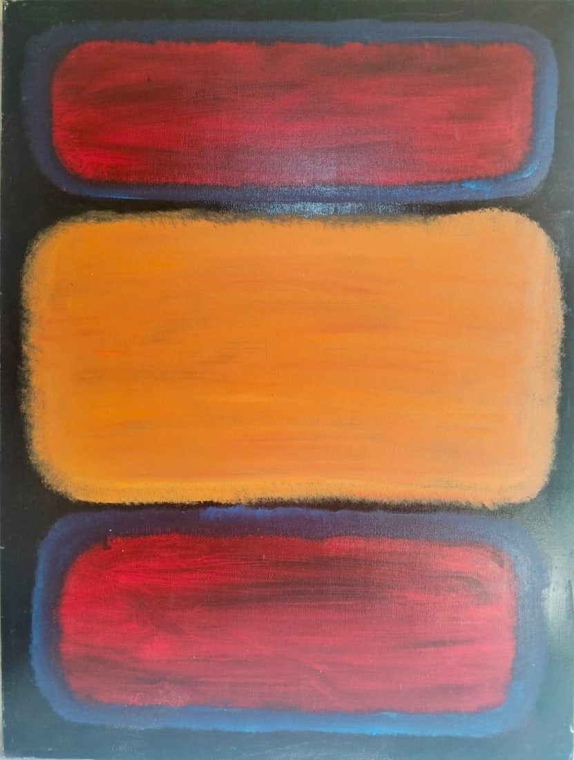 Mark Rothko Russian 1903 - 1970 Oil on Canvas painting in the style of. Pollock, Kline, Abstract Era: Title: Untitled (Red and Ochre Composition) Technique: Oil on Canvas Measures: 47 × 35 inches (approximately 119.4 × 88.9 cm) Year: Circa 1955 Condition:Good — the paint surface appears stable, wi