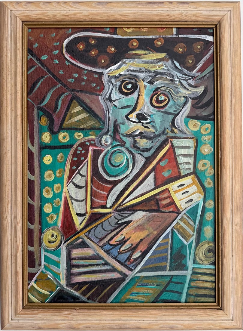 Pablo Picasso Spanish 1881-1973 Oil on Canvas Painting in the Style of Picasso. Magritte & Chagall: Title: Untitled (Seated Figure with Instrument) Technique: Oil on Canvas Measures: 20 × 14 inches (approximately 50.8 × 35.6 cm) Year: Circa 1938 Condition:Good — the paint surface appears stable,