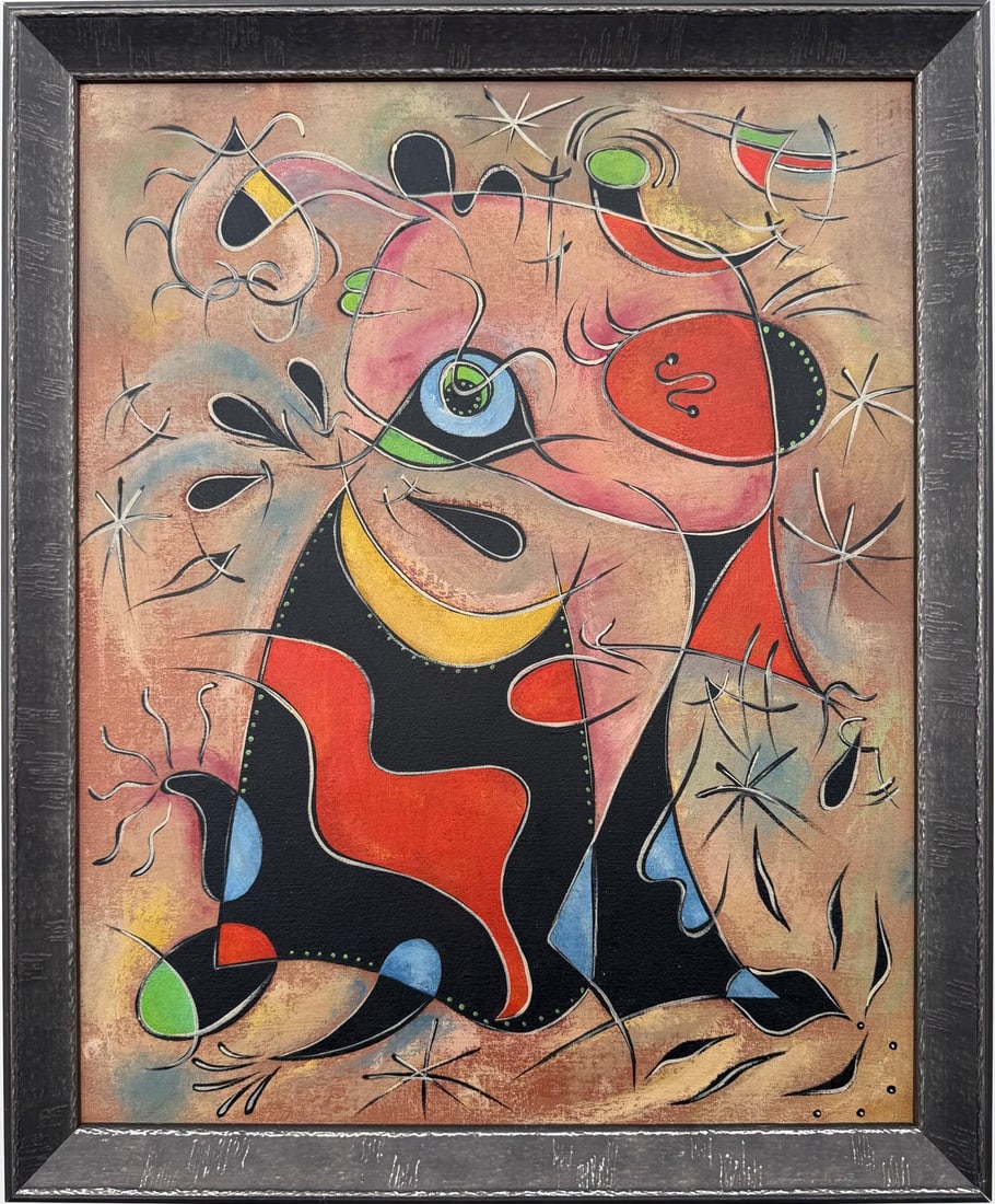 Joan Miro Spanish 1893 - 1983 Oil on Canvas in the style of. Dali, Magritte, & Miro Surrealism Era.: Title: Untitled (Surrealist Biomorphic Composition) Technique: Oil on Canvas Measures: 19 × 16 inches (approximately 48.3 × 40.6 cm) Year: Circa 1946 Condition:Good — the paint surface appears