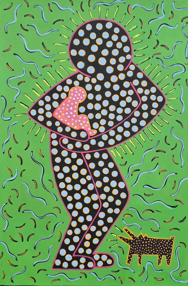 Keith Haring American 1958 - 1990 Acrylic on Canvas In The Style of. Warhol & Haring Pop Art Period.: Title: Untitled (Radiant Figure with Child and Dog) Technique: Acrylic on Canvas Measures: 23 × 15 inches (approximately 58.4 × 38.1 cm) Year: Circa 1987 Condition:Good — the paint surface appears