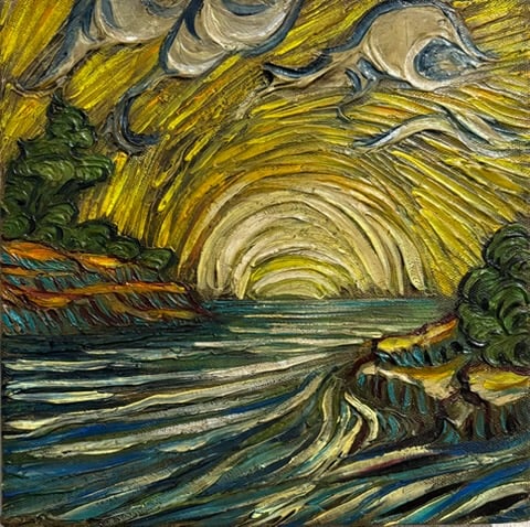 Vincent Van Gogh Dutch 1853-1890 Oil on Canvas painting in the style of. Gaugin, Monet, Degas Period: Title: Zeegezicht Technique: Oil on Canvas Measures: 9 × 9 inches (approximately 22.9 × 22.9 cm) Year: Circa 1889 Condition:Good — the paint surface appears stable, with pronounced impasto and exp