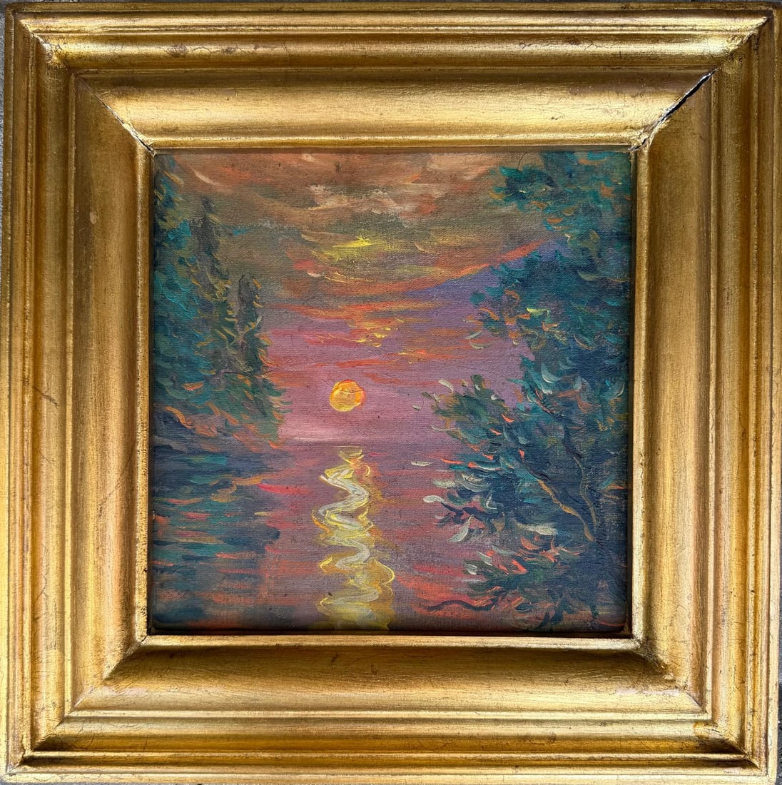 Claude Monet French 1840 - 1926 Oil on Canvas in the style of . Renoir & Manet Impressionist Era.: Title: Sunset Over the Quiet River. Technique:Oil on canvas. Measures:14 × 14 inches (approximately 35.6 × 35.6 cm). Year:Circa late 19th century style (circa 1876). Condition:Good overall condition