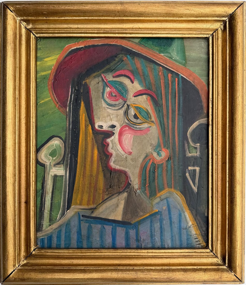 Pablo Picasso Spanish 1881-1973 Oil on Canvas Painting in the Style of Picasso. Magritte & Chagall: Title: Untitled (Profile with Hat) Technique: Oil on Canvas Measures: 16 × 13 inches (approximately 40.6 × 33 cm) Year: Circa 1938 Condition:Good — the paint surface appears stable, with expressiv