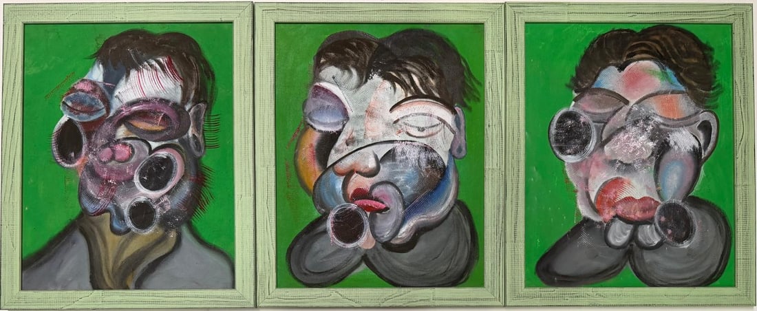 Francis Bacon, British Oil on Canvas Triptych in the Style of Bacon, Figurative Expressionism Art: Title:Study for Three Distorted Heads. Technique:Oil on canvas. Measures:Each panel: 18 × 14 inches (45.7 × 35.6 cm).Overall: Three individual canvases presented as a triptych. Year:Circa 1979.Condi