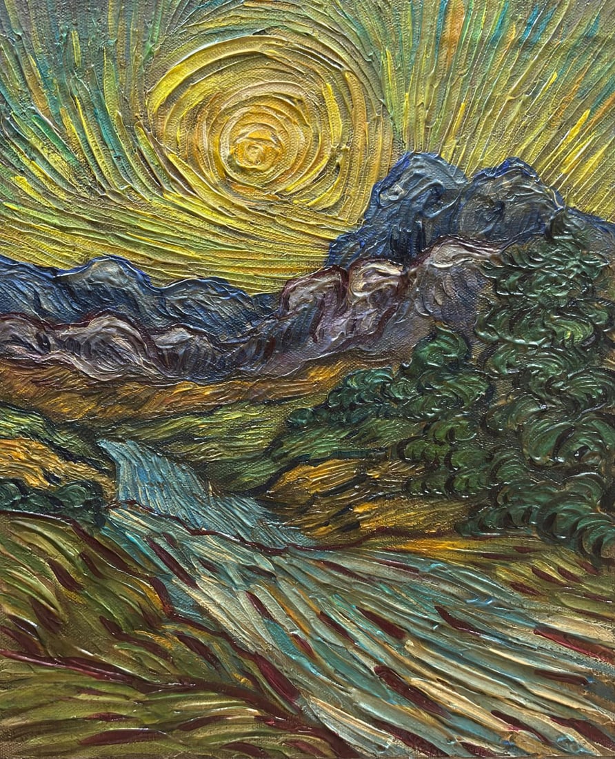 Vincent Van Gogh Dutch 1853-1890 Oil on Canvas painting in the style of. Gaugin, Monet, Degas Period: Title:Landscape Technique:Oil on canvas Measures:11 × 9 inches(27.94 × 22.86 cm) Year:Circa 1889 Condition:Good condition overall. The canvas presents a stable pictorial surface with rich impasto th