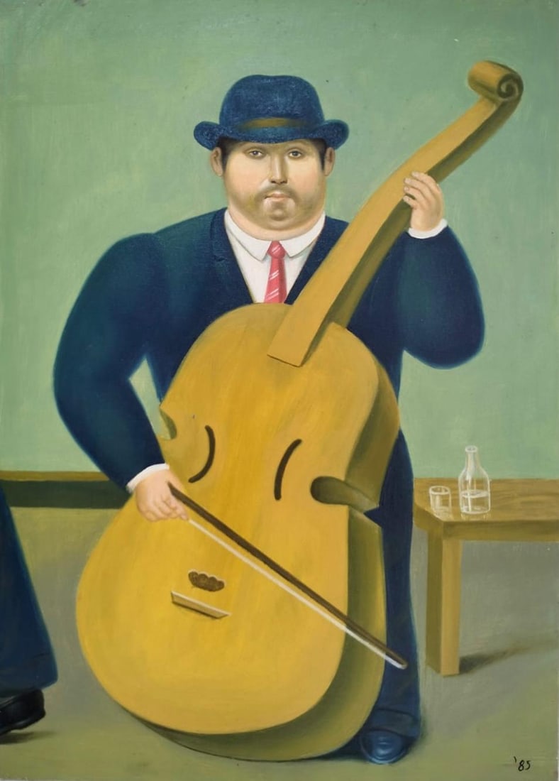 Fernando Botero (1932–2023) Colombian Oil/Canvas Painting in the Style of Botero Late 20th Century: Title: The Musician Technique:Oil on canvas Measures:27 × 19 inches(68.6 × 48.3 cm) Year:1985 Condition:Very good condition. The oil surface is stable and well preserved, with rich tonal depth and c