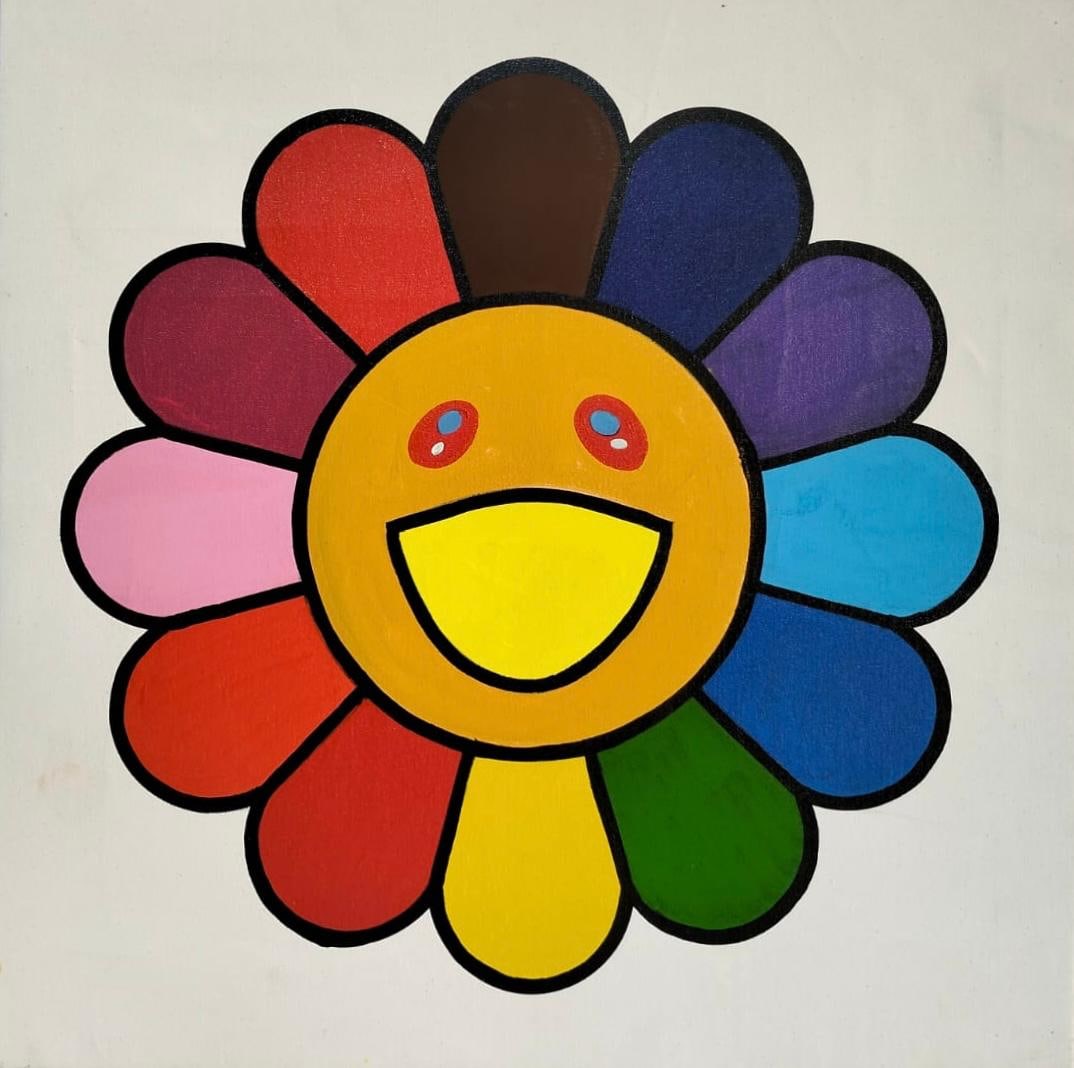 Takashi Murakami Acrylic on Canvas In the Style of. Murakami & Kusama Pop Art Era.: Title:Flower Technique:Acrylic on canvas Measures:20 × 20 inches(50.8 × 50.8 cm) Year:2018 Condition:Excellent condition. The canvas is structurally sound with vibrant, well-saturated colors and cle