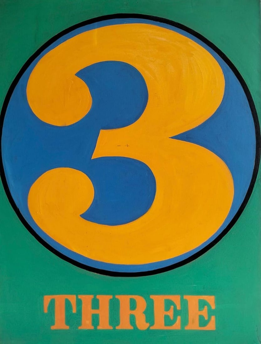 Robert Indiana American 1928-2018 Oil on Canvas painting in the style of. Pollock, Kline, Abstract: Title:Number 3 Technique:Oil on canvas Measures:31 × 23 inches(78.7 × 58.4 cm) Year:1965 Condition:Good condition. The canvas presents a stable pictorial surface with well-preserved color saturation