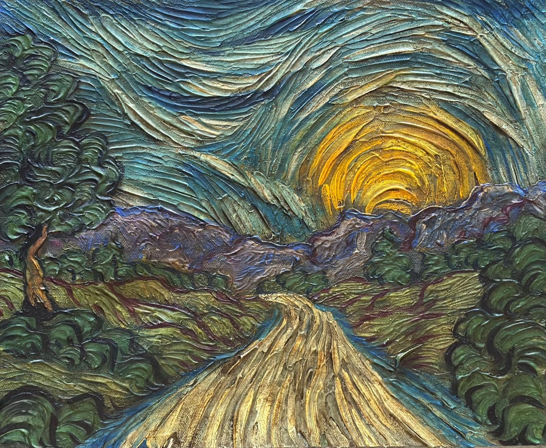 Vincent Van Gogh Dutch 1853-1890 Oil on Canvas painting in the style of. Gaugin, Monet, Degas Period: Title:Landscape Technique:Oil on canvas Measures:9 × 11 inches(22.86 × 27.94 cm) Year:Circa 1888–1890 Condition:Good condition overall. The canvas exhibits a stable surface with pronounced impasto