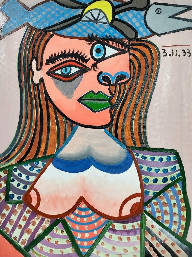 Pablo Picasso Spanish 1881-1973 Oil on Canvas Painting in the Style of Picasso. Magritte & Chagall: Title:Portrait of a Woman with Bird Technique:Oil on canvas Measures:31 × 23 inches(78.7 × 58.4 cm) Year:1933 Condition:The painting is in good overall condition. The canvas is stable and well-stret