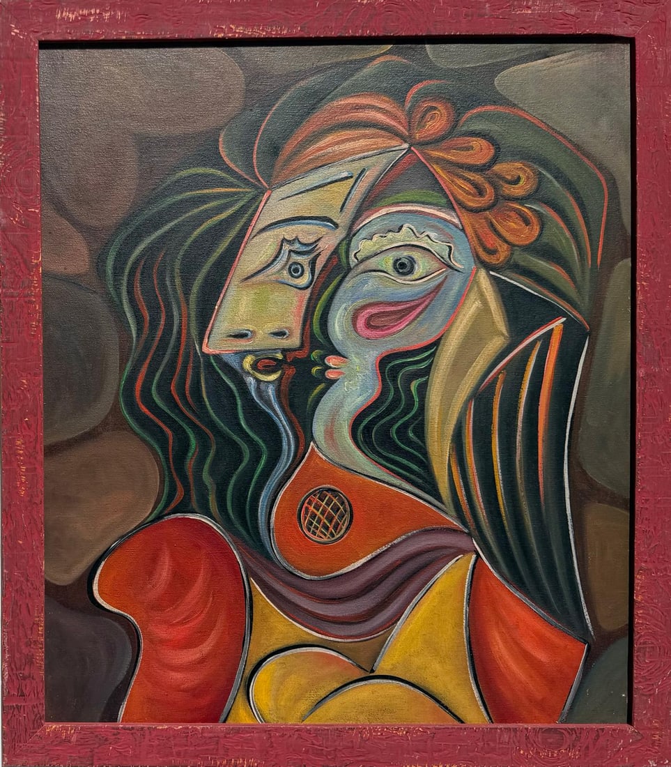 Pablo Picasso Spanish 1881-1973 Oil on Canvas Painting in the Style of Picasso. Magritte & Chagall: Title:Whispering Visions. Technique:Oil on canvas. Measures:20 x 17 inches (50.8 x 43.2 cm). Year:1937. Condition:Good overall condition. The canvas remains stable. The paint surface shows minor surfa