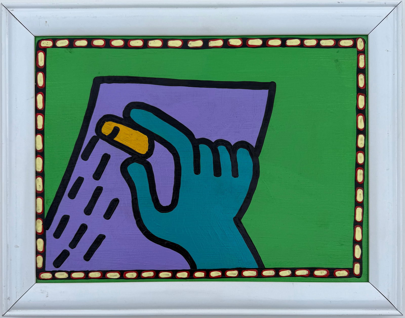 Keith Haring American 1958 - 1990 Acrylic/Canvas In The Style of. Warhol & Haring Pop Art Period.: Title: Untitled (Bold Figure with Spray Motif) Technique: Acrylic on Canvas Measures: 11 × 15 inches Year: Circa 1984 Condition:Good — the work appears well preserved, with strong color saturation