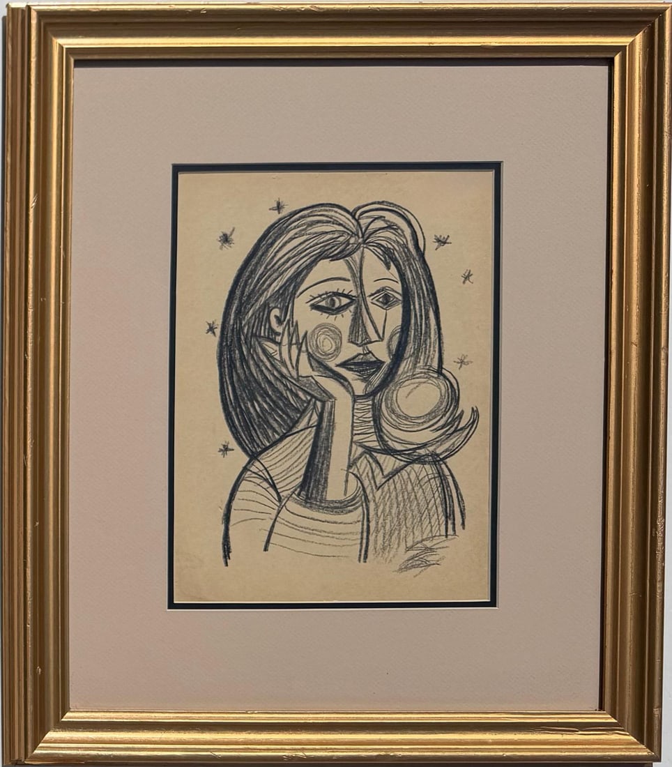 Pablo Picasso Spanish 1881-1973 Crayon on Paper Painting in the Style of Picasso. Magritte & Chagall: Title:Woman at Rest Technique:Crayon on paper Measures:12 × 9 inches(30.5 × 22.9 cm) Year:Circa 1950s Condition:The work is in good overall condition. The paper is stable, with even toning consisten