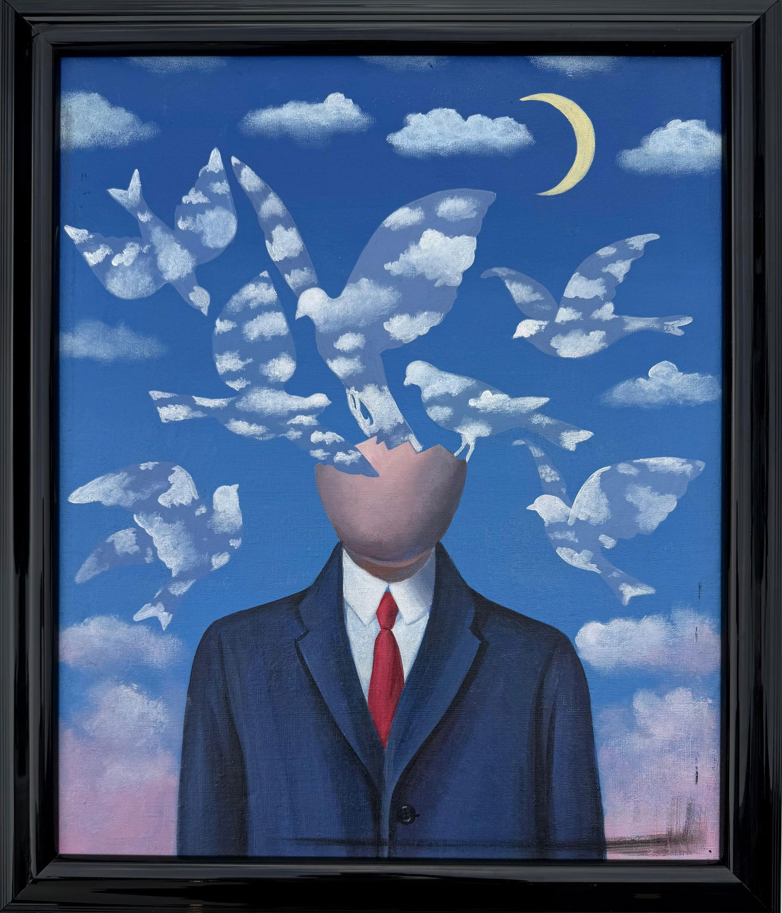 Rene Magritte Belgian 1898 - 1967 Oil on Canvas Painting in The Style of. Dali, Picasso Era: Title: The Liberation of Thought Technique: Oil on Canvas Measures: 20 × 16 inches Year: Circa mid–20th century Condition:Good — the surface appears stable, with minor age-consistent wear visible