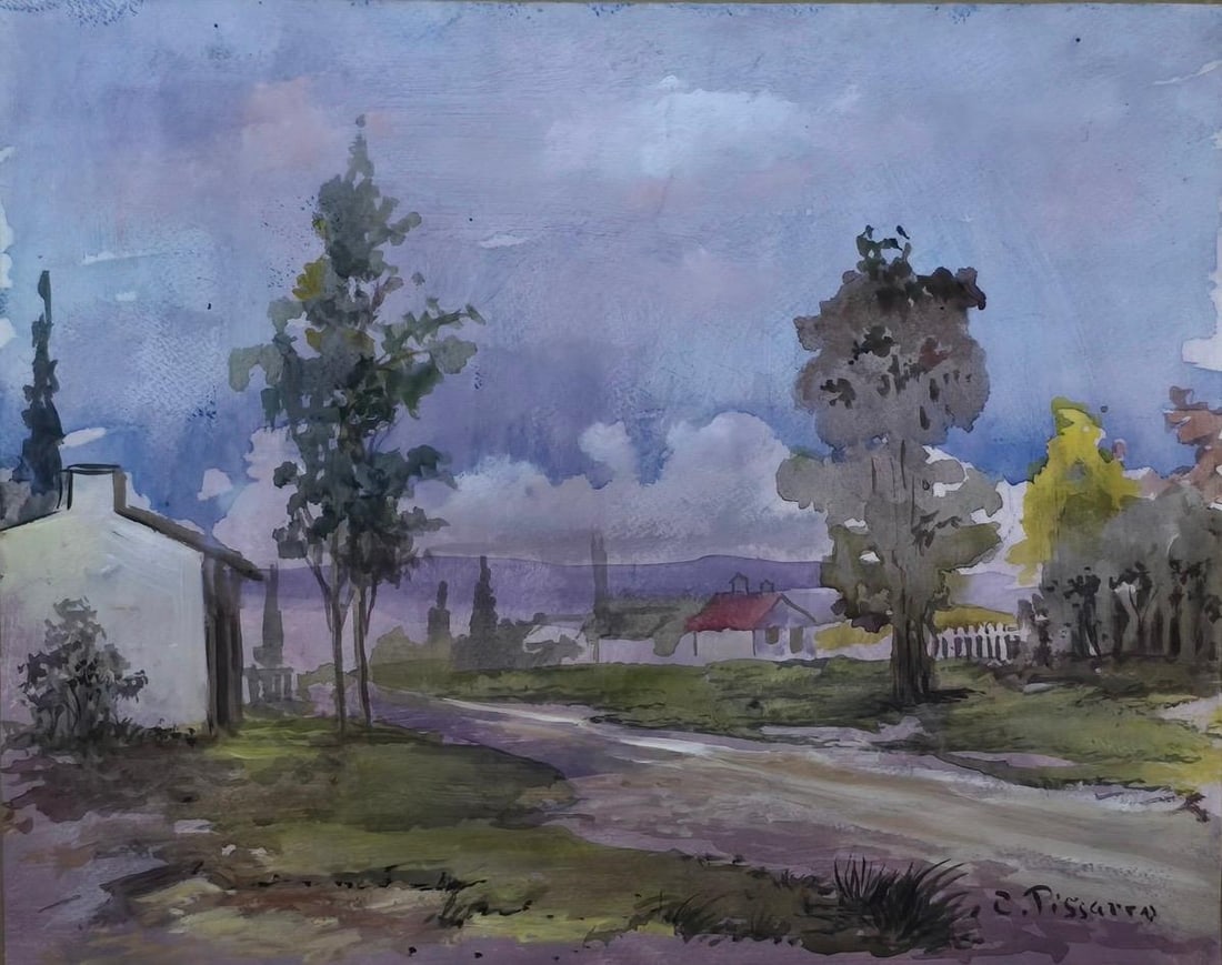 Camille Pissarro French 1830-1903 Watercolor on Paper In the Style of. Monte, Van Gogh & Pisarro Era: Title:Untitled Technique:Watercolor on paper Measures:11 × 13 inches(27.9 × 33 cm) Year:Undated Condition:The work is in good overall condition. The paper remains stable, with even toning consistent