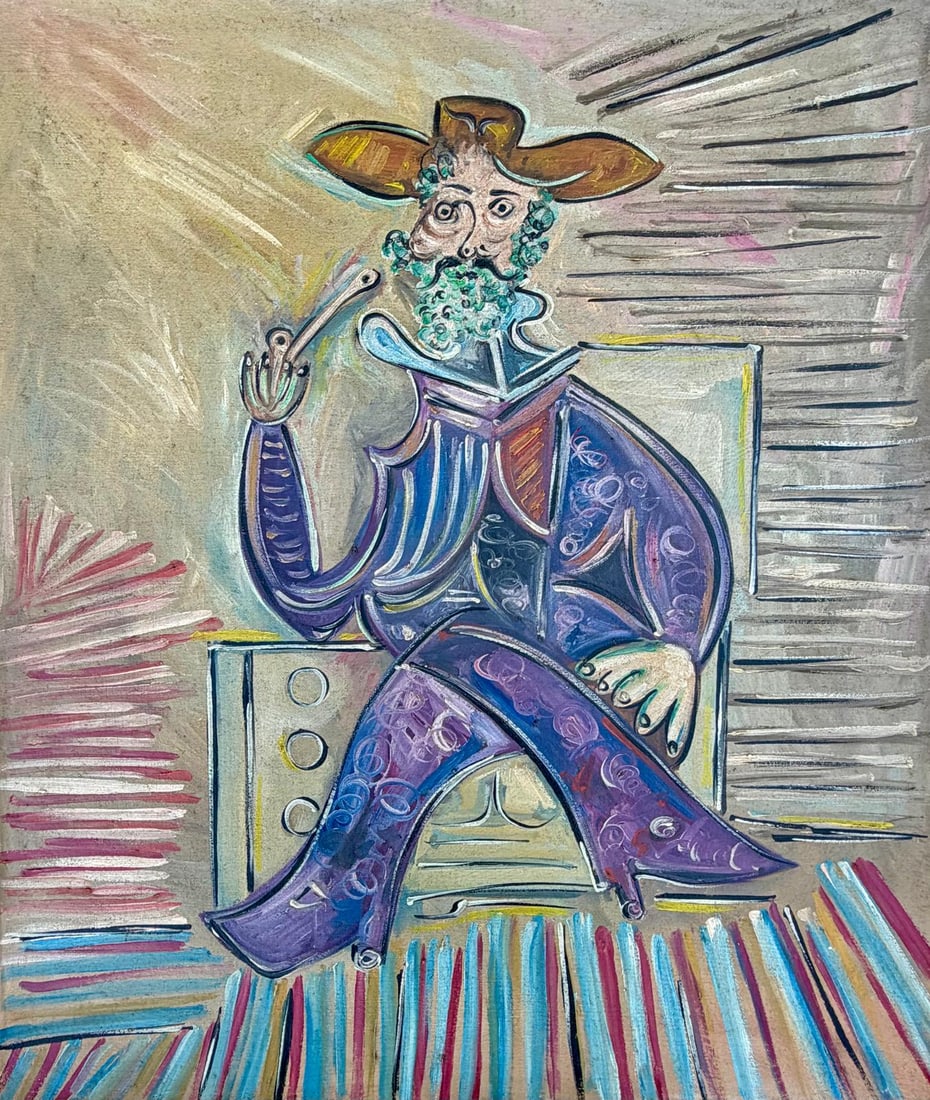 Pablo Picasso Spanish 1881-1973 Oil on Canvas Painting in the Style of Picasso. Magritte & Chagall: Title:Seated Figure with Hat and Pipe Technique:Oil on canvas Measures:16 × 12 inches40.6 × 30.5 cm Year:Circa 1968 Condition:The artwork is in good overall condition. The paint layer is well preser